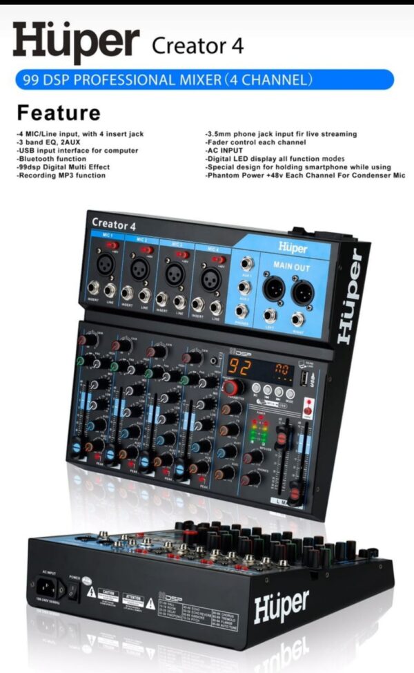 Mixer Audio Huper Creator 4 USB Bluetooth Recording Live Streaming Multi Effect